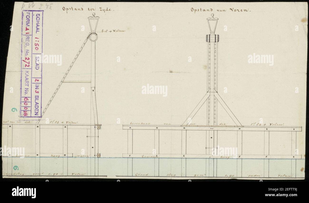 Ontwerp van eene lamptaarn met aanleg plaats te stellen in de Goudzee bij de opening in den Rijzendam aldaar. 3 esemplaren. N.B. niet eensluidend. Kleur. 42 x 33, 17 x 29 en 18,50 x 29 cm. Foto Stock