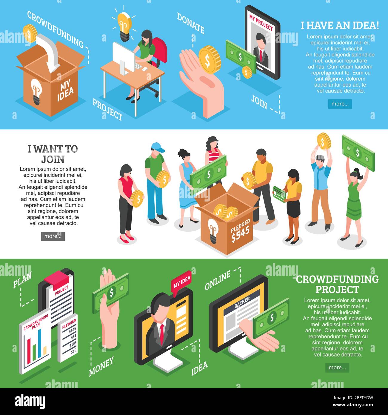 Set isometrico di banner colorati orizzontali con idee di progetti di crowdfunding e volontari che fanno donazioni isolato vettore illustrazione Illustrazione Vettoriale