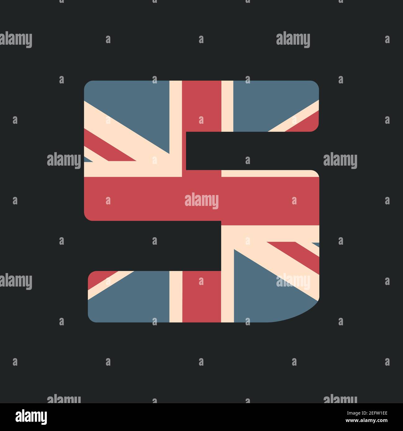 Numero maiuscolo cinque con texture UK flag isolata su sfondo nero. Illustrazione vettoriale. Elemento per la progettazione. Alfabeto per bambini. Illustrazione Vettoriale