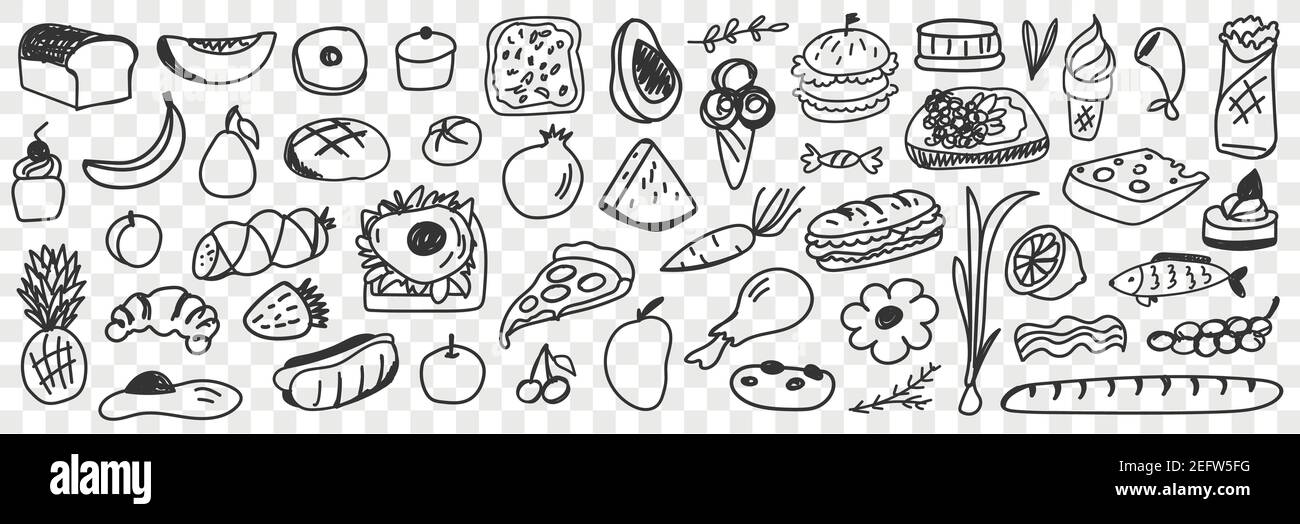 Ingredienti freschi e cibi doodle set. Raccolta di pizza disegnata a mano pane frutta verdura gelato sandwich cupcakes dessert salsiccia per una sana alimentazione isolata su sfondo trasparente Illustrazione Vettoriale