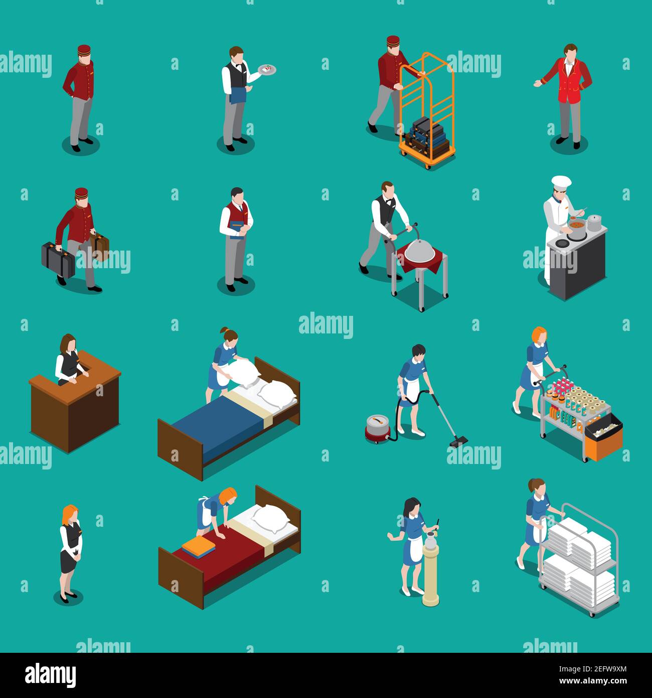 Il personale dell'hotel è dotato di un set isometrico che include il cameriere capo chef campanellino su sfondo verde isolato illustrazione vettoriale Illustrazione Vettoriale