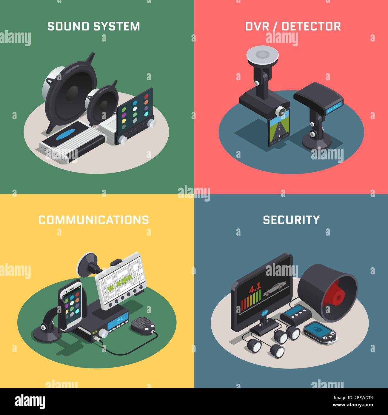 Quattro quadri di elettronica per auto composizione isometrica con impianto audio comunicazioni del rivelatore dvr e descrizioni di sicurezza del vettore illus Illustrazione Vettoriale