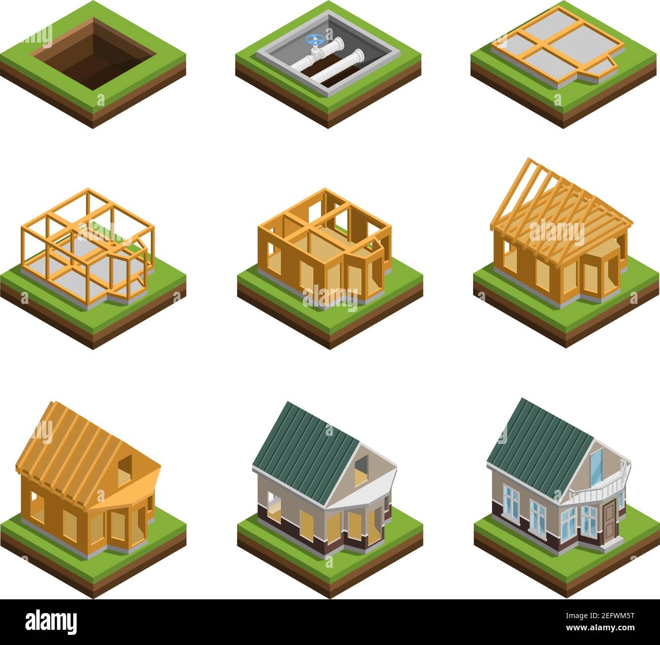 Le fasi di costruzione della casa le icone isometriche impostano l'illustrazione vettoriale isolata Illustrazione Vettoriale
