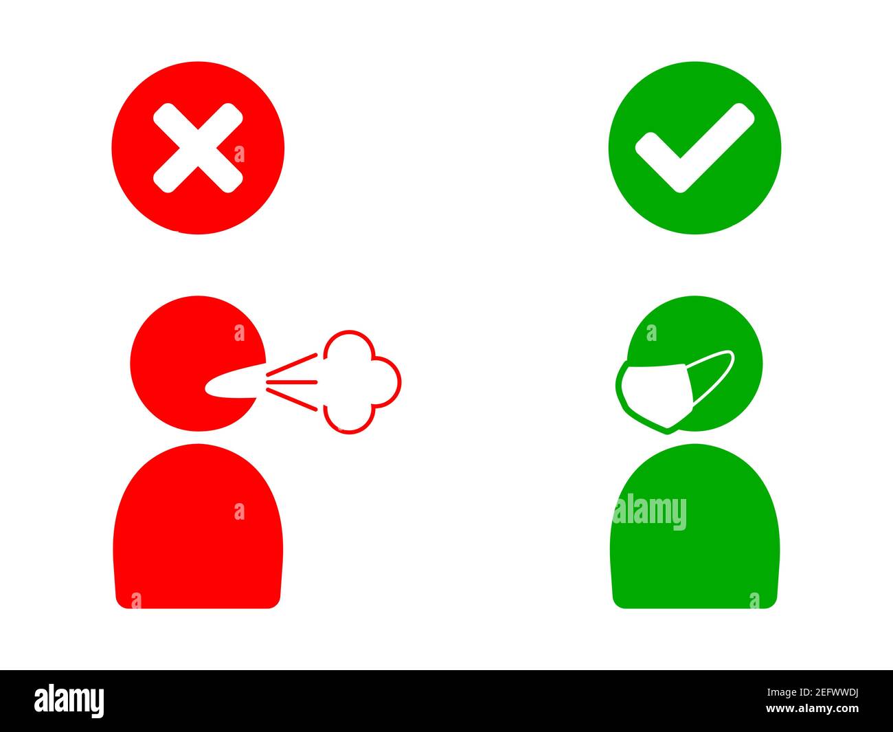 No Face Mask No Entry Sign Mostra la persona che tosse o starnuti senza maschera e la persona che indossa un'icona maschera. Immagine vettoriale. Illustrazione Vettoriale