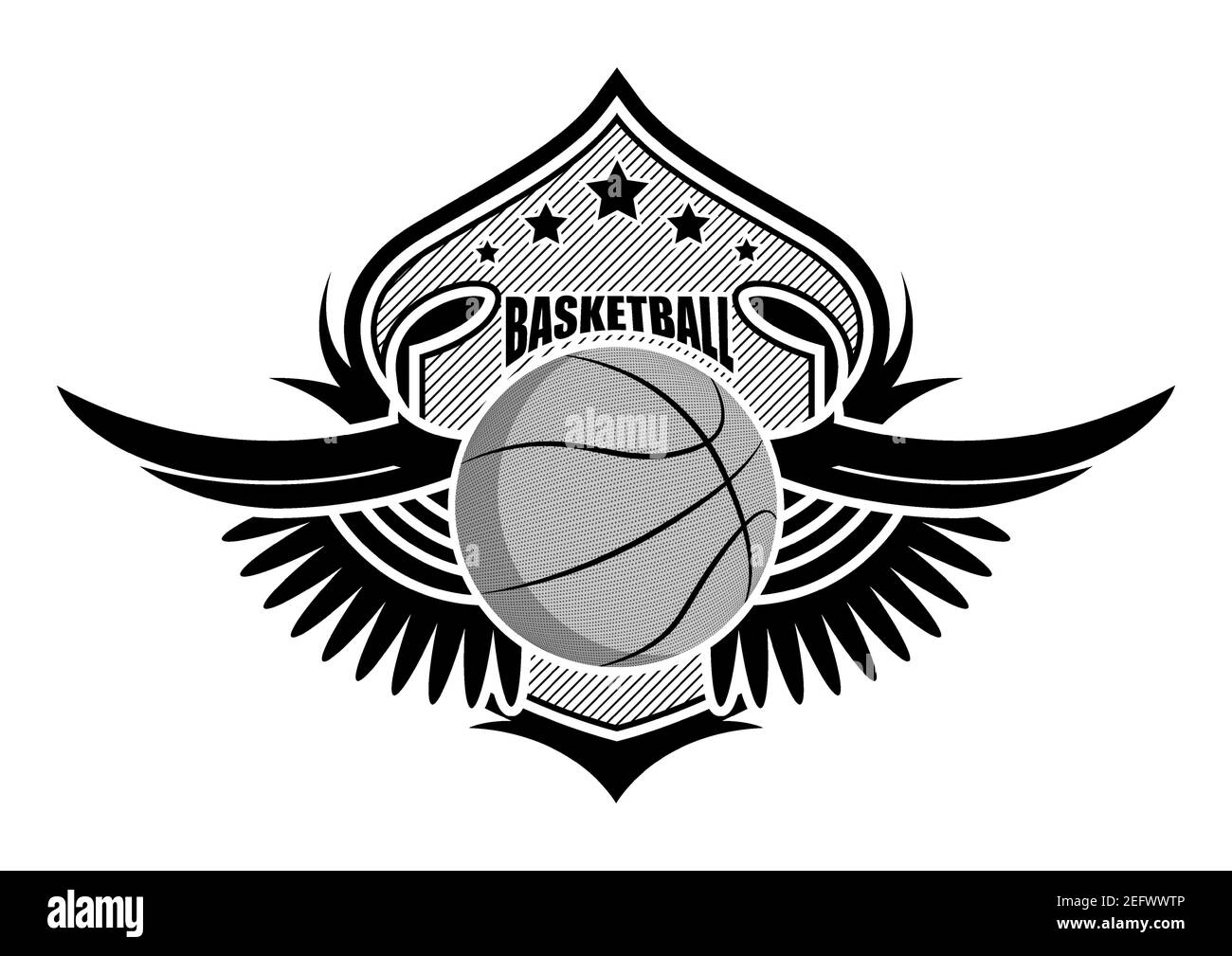 palla sportiva sullo sfondo di scudo stilizzato con ali. Emblemi sportivi di basket. Simbolo del torneo. Vettore Illustrazione Vettoriale