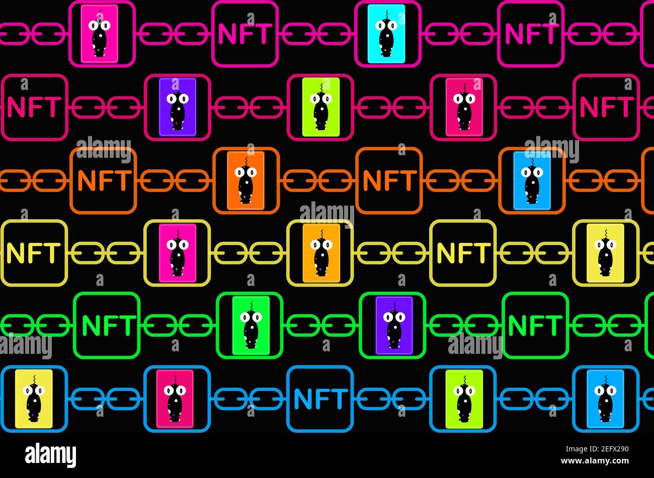I gettoni non fungibili NFT arte e illustrazione da collezione, utilizzano la tecnologia blockchain per creare oggetti digitali unici per la crioarte, cripto-collezionabili Foto Stock
