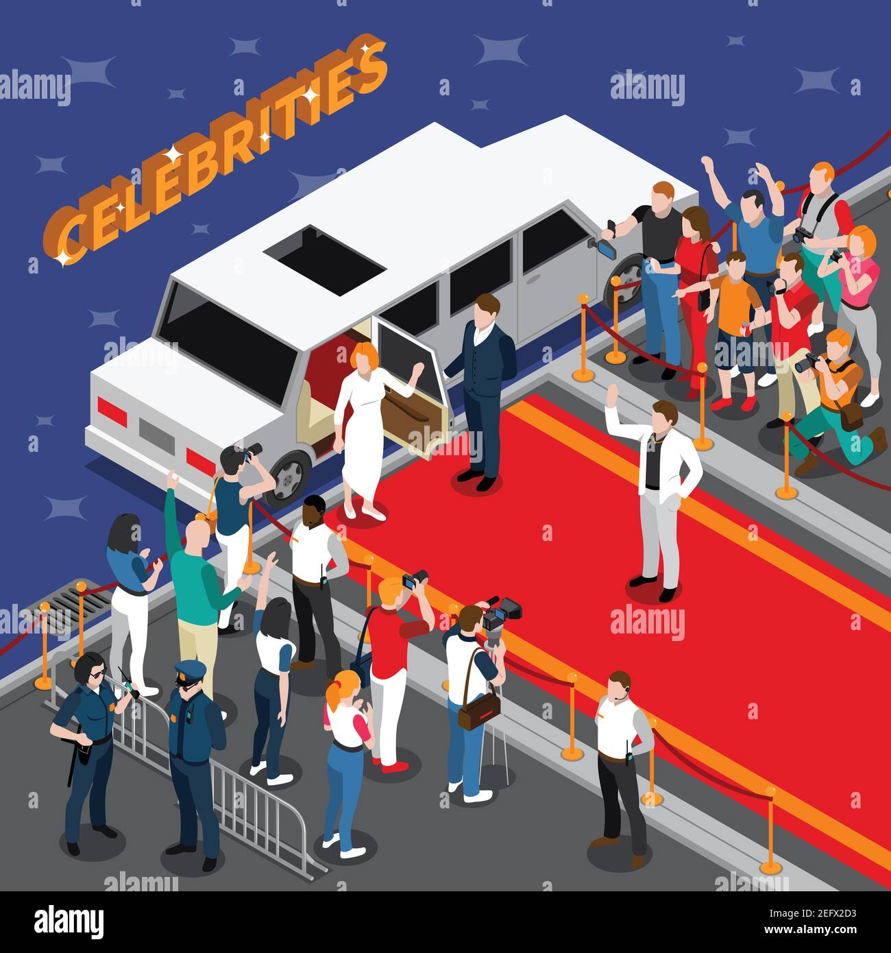 Celebrità su tappeto rosso composizione isometrica con guardie limousine bianche ammiratori fotografi giornalisti polizia illustrazione vettoriale 3d Illustrazione Vettoriale