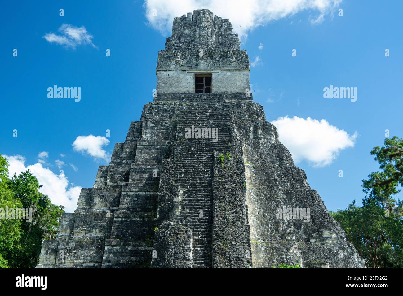 Tempio 1 presso le rovine Maya di Tikal, un sito patrimonio dell'umanità dell'UNESCO a Peten, Guatemala Foto Stock