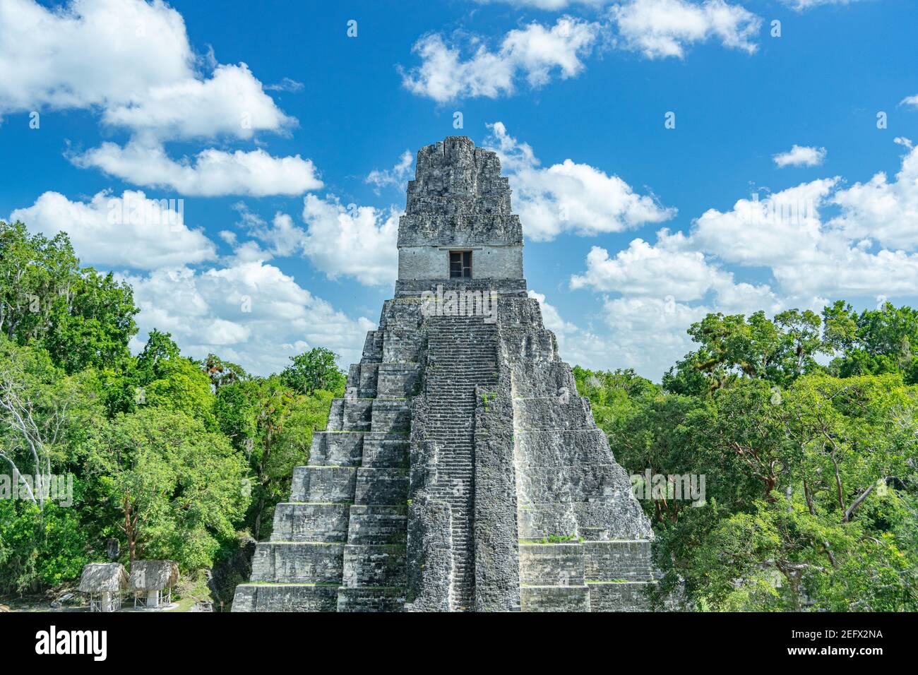 Tempio 1 presso le rovine Maya di Tikal, un sito patrimonio dell'umanità dell'UNESCO a Peten, Guatemala Foto Stock