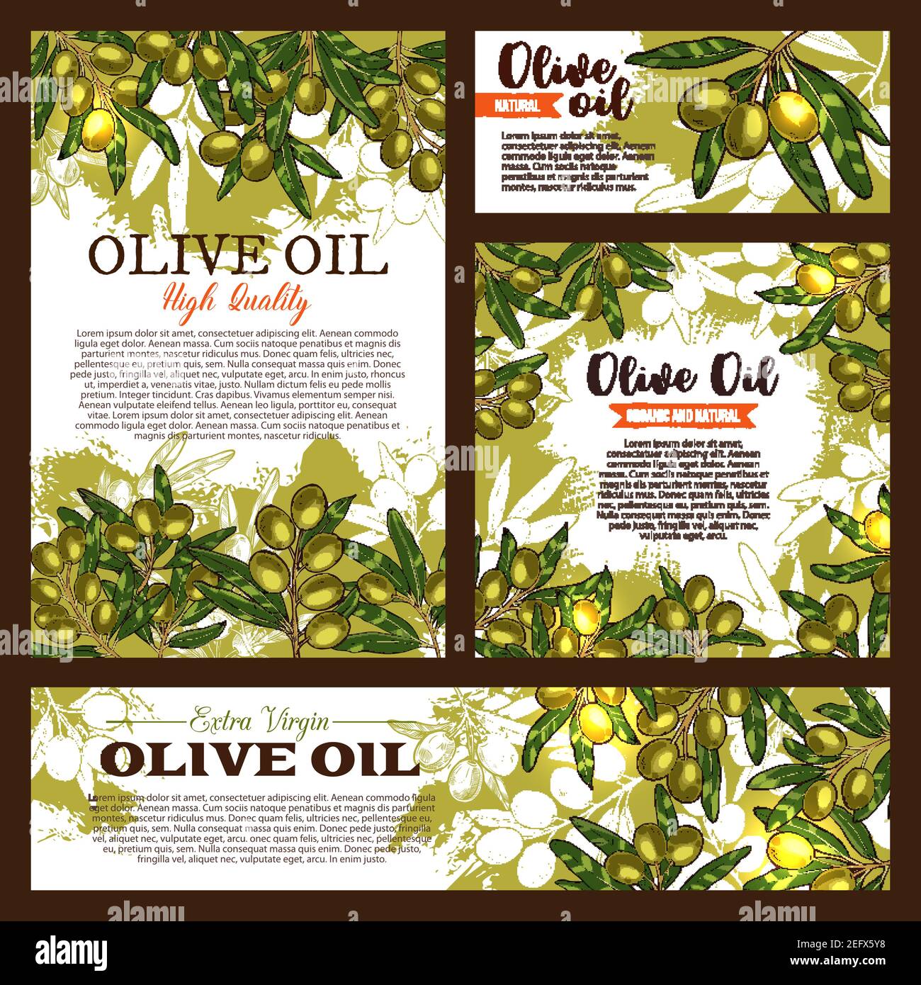 Olio d'oliva Bio prodotti di qualità poster e banner per confezione di bottiglie d'olio extra vergine d'oliva etichetta o modello di etichetta informativa. Gree vettoriale Illustrazione Vettoriale