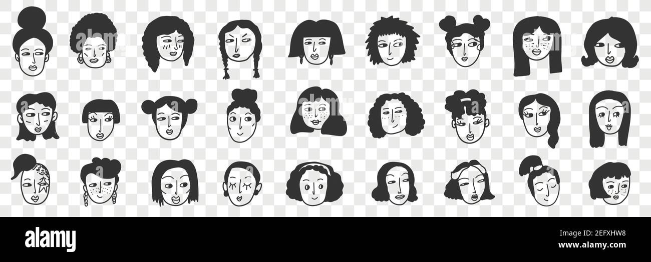 Acconciatura di bruna donna doodle set. Collezione di volti femminili disegnati a mano con capelli neri con vari ritratti di capelli corti e lunghi e retti isolati su sfondo trasparente Illustrazione Vettoriale