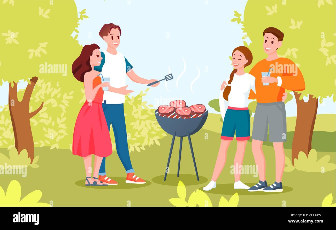 Felice coppia persone al barbecue all'aperto pic-nic, i personaggi donna giovane uomo hanno divertimento Illustrazione Vettoriale