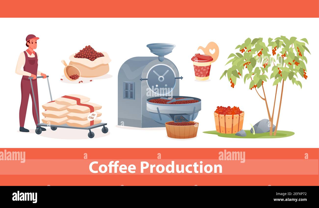 Set di produzione per l'industria di caffè, uomo contadino contadino, raccolto Illustrazione Vettoriale
