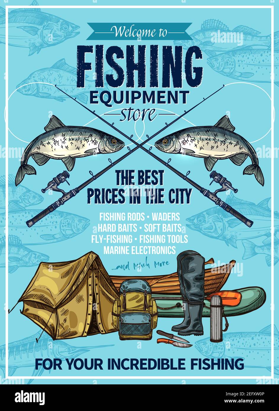 Disegno di poster di disegno di pesca del negozio di pesca per la pesca.  Vector fisher Rod e stivali gonfiabili in gomma o barca, appiccicelli da  pesca di ganci Immagine e Vettoriale -