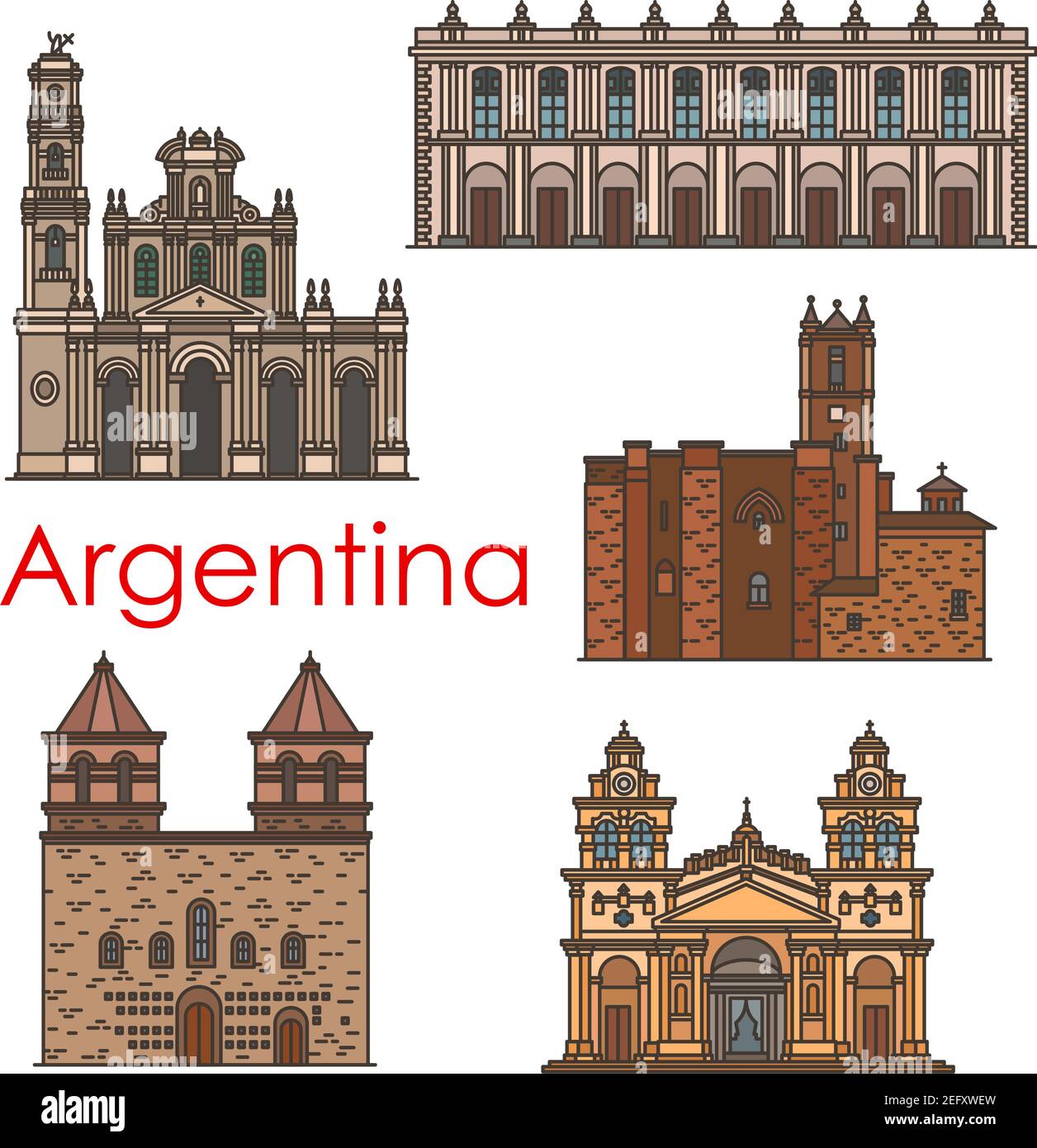 Monumenti storici dell'architettura argentina e famose icone della facciata. Insieme vettoriale di chiese argentine e cattedrali di Buenos Aires francescano m. Illustrazione Vettoriale