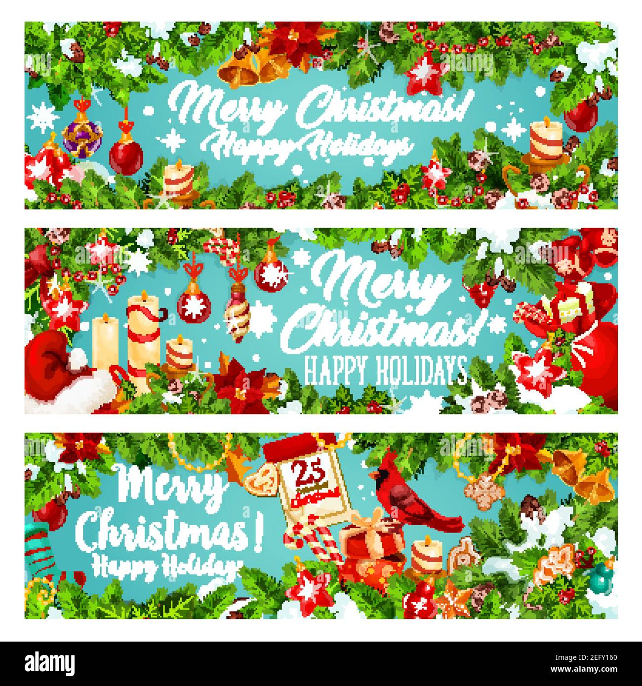 Set di banner natalizi per la festa invernale di Capodanno. Regalo di Santa, campana e presente, candela, fiocco di neve e biglietto d'auguri stella, incorniciato con Natale Illustrazione Vettoriale