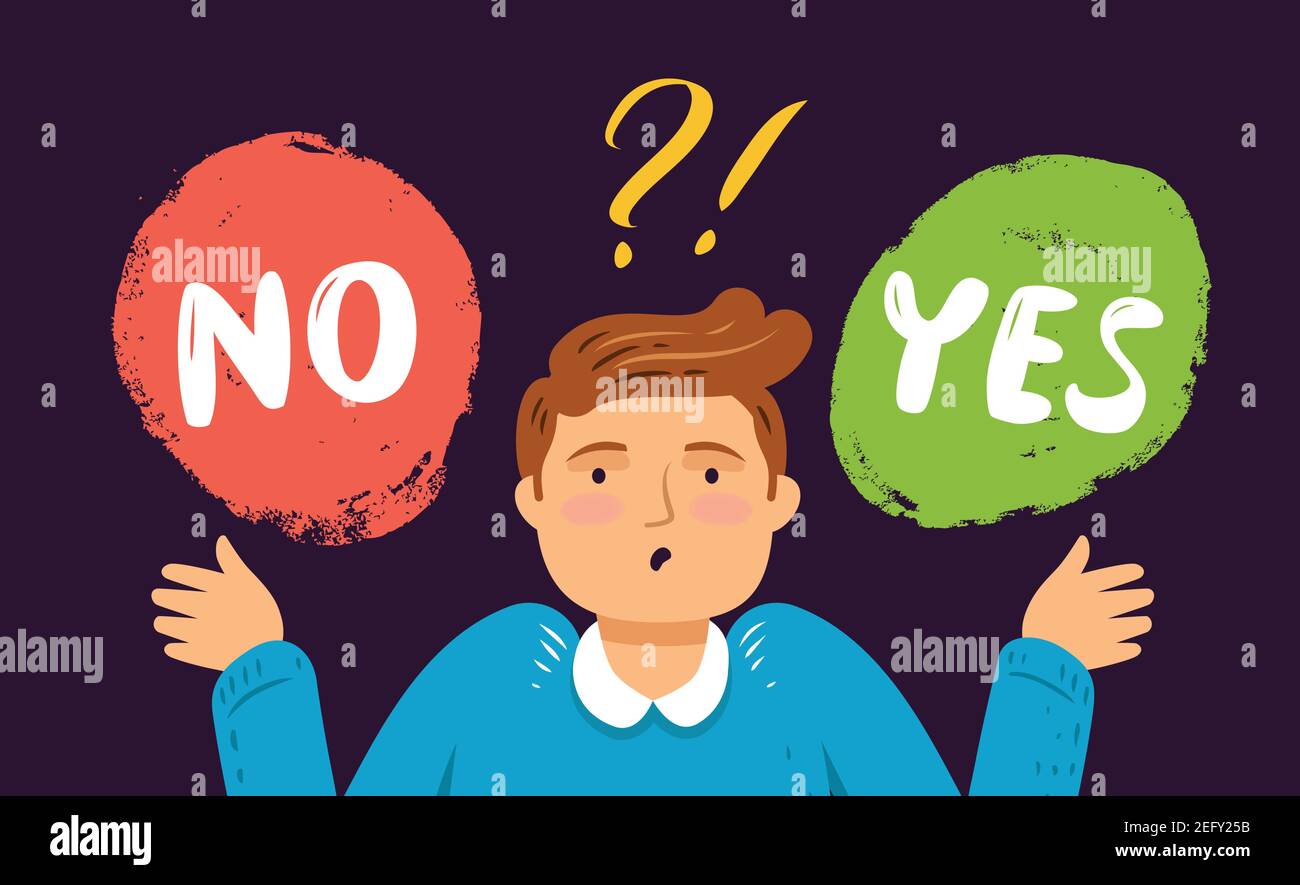 Uomo d'affari in indecisione ponderando la scelta nel prendere la giusta decisione. Illustrazione vettoriale del concetto aziendale Illustrazione Vettoriale