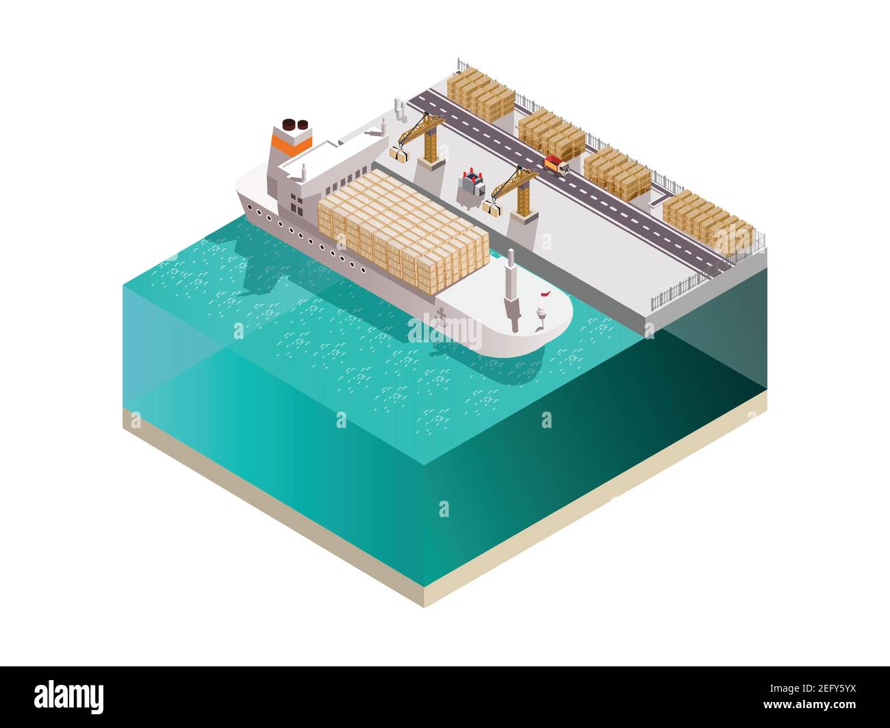 Composizione del cantiere con immagine isometrica della gru terminale del carico marino mostra il vettore di caricamento dei contenitori sulla nave da carico Illustrazione Vettoriale