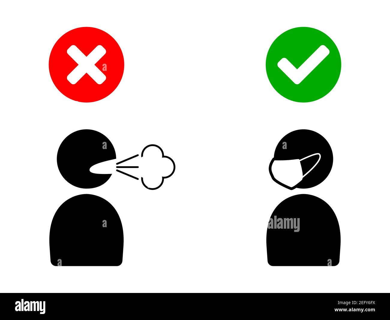 No Face Mask No Entry Sign Mostra la persona che tosse o starnuti senza maschera e la persona che indossa un'icona maschera. Immagine vettoriale. Illustrazione Vettoriale