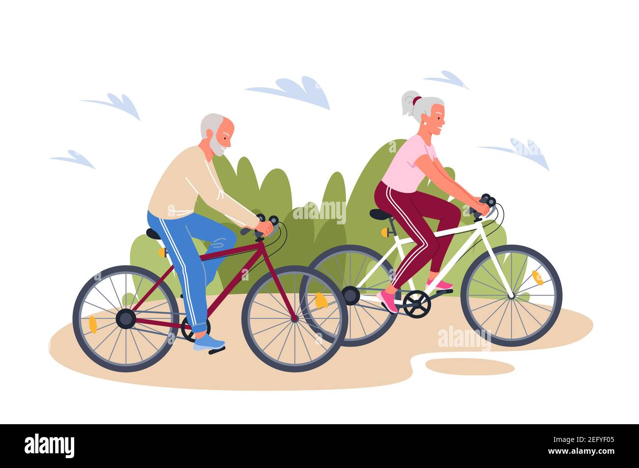 Coppie anziane che si divertano in bicicletta nel parco estivo all'aperto, stile di vita sano Illustrazione Vettoriale