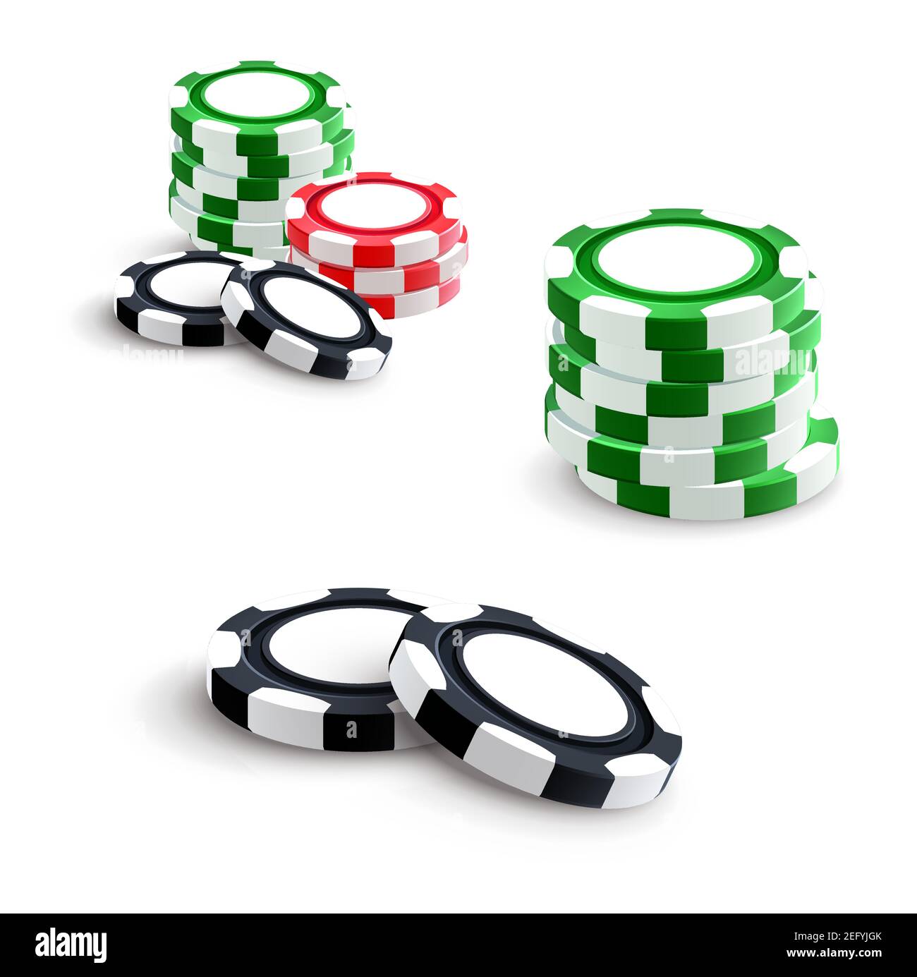 Gettoni per scommesse o gettoni per il gioco d'azzardo del casinò. Vettore isolato gioco di poker verde, rosso e nero chip pile set per il poker casinò online, gioco d'azzardo slo Illustrazione Vettoriale