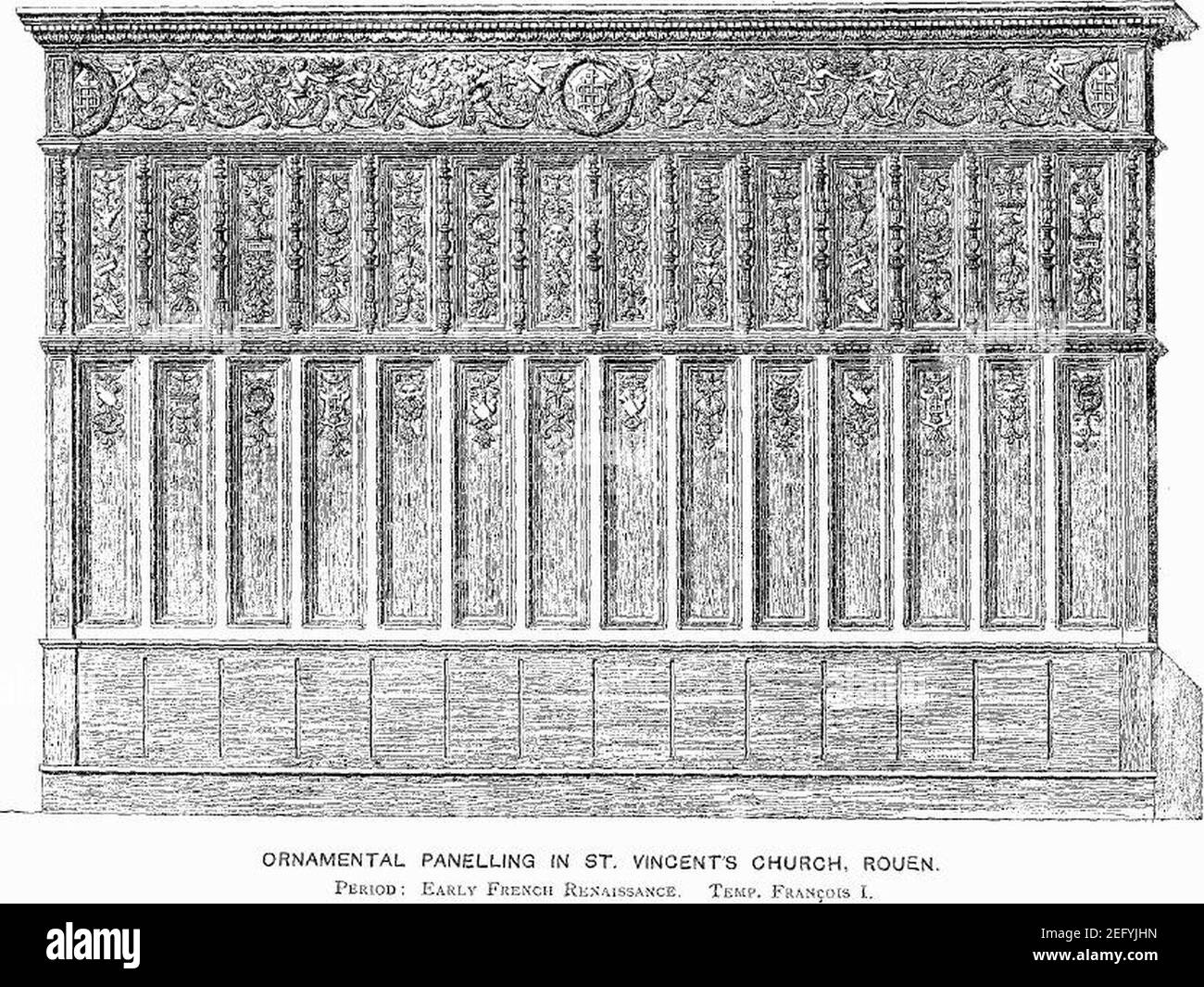 Paneling ornamentale nella chiesa di San Vincenzo, Rouen. Foto Stock