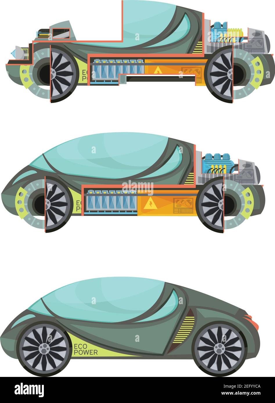Auto elettroniche colorate eco-compatibili, isolate su sfondo bianco illustrazione vettoriale Illustrazione Vettoriale