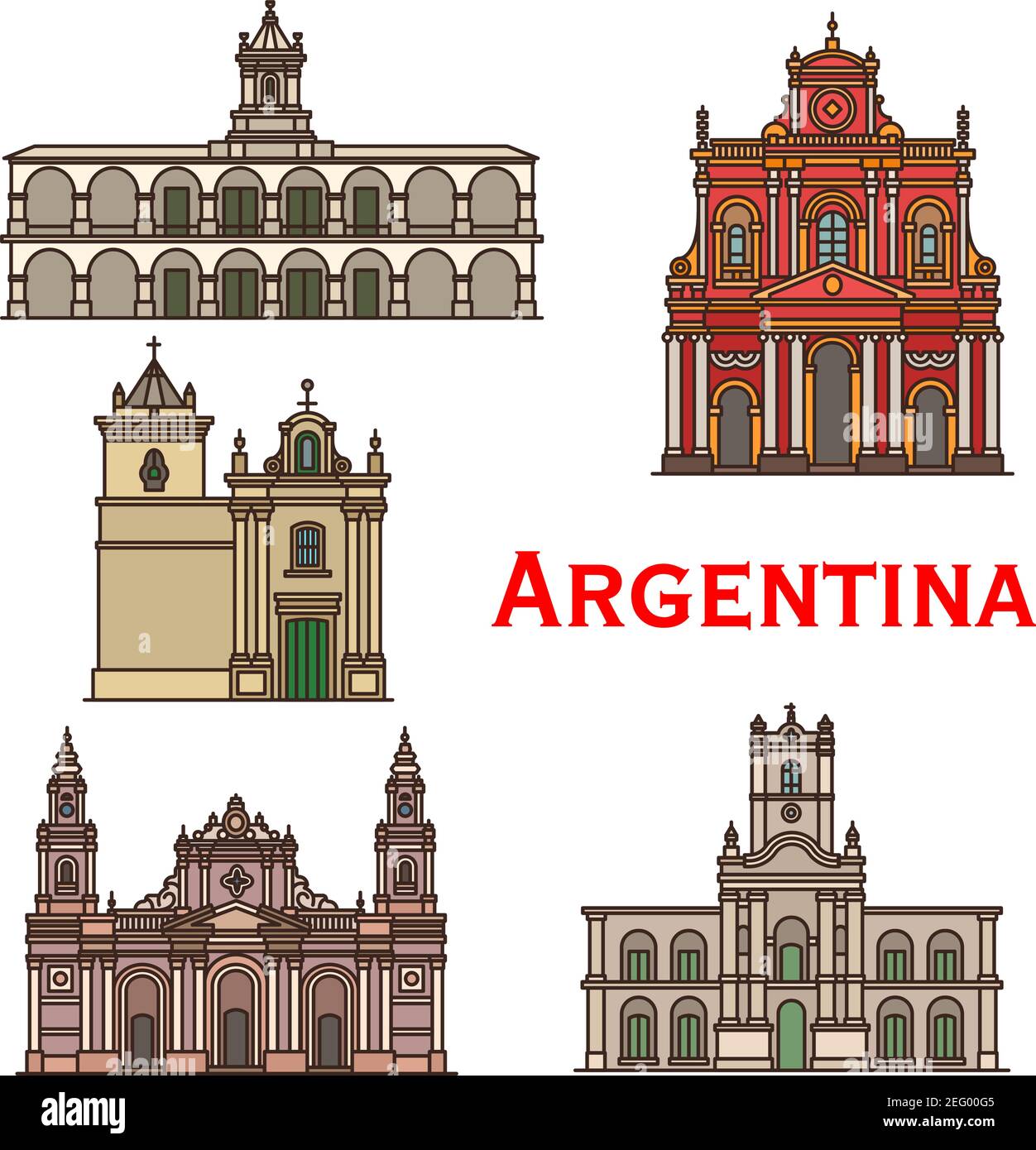 Monumenti storici dell'architettura argentina e famose icone della facciata. Insieme vettoriale di chiese di Salta e monastero di San Bernardo, Buenos Aires città Illustrazione Vettoriale