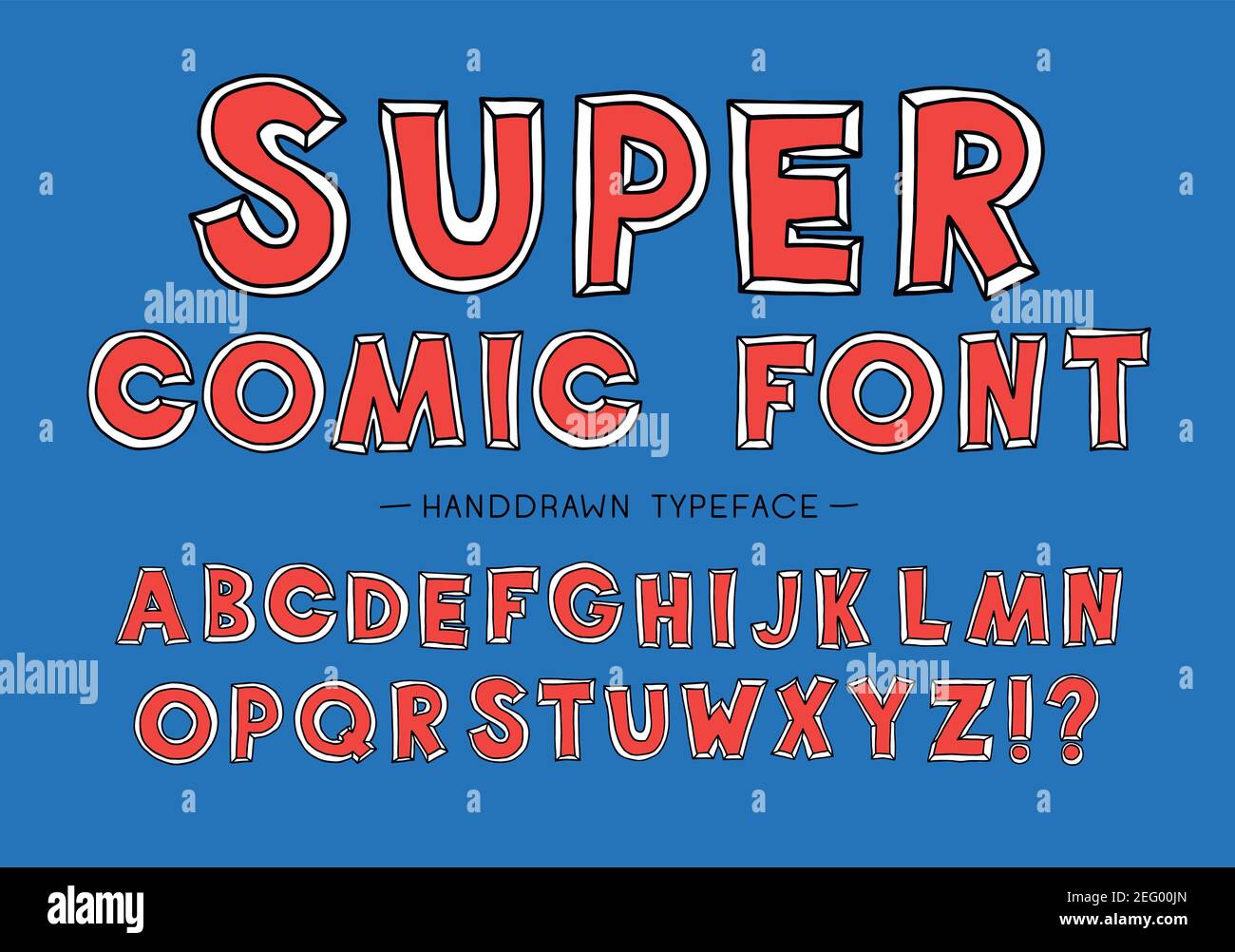 Super uomo fumetto font. Carattere vettoriale disegnato a mano. Alfabeto scritto a mano. Tipo decorativo. Illustrazione vettore font. Illustrazione Vettoriale