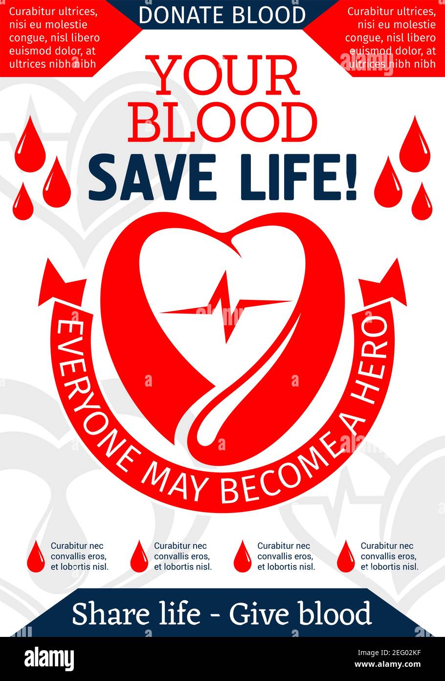 Poster promozionale per la donazione di sangue con cuore e sangue  gocciolante. Banner cuore, goccia rossa e nastro con Donate Blood, Share  Life message for World Donor Day Immagine e Vettoriale -