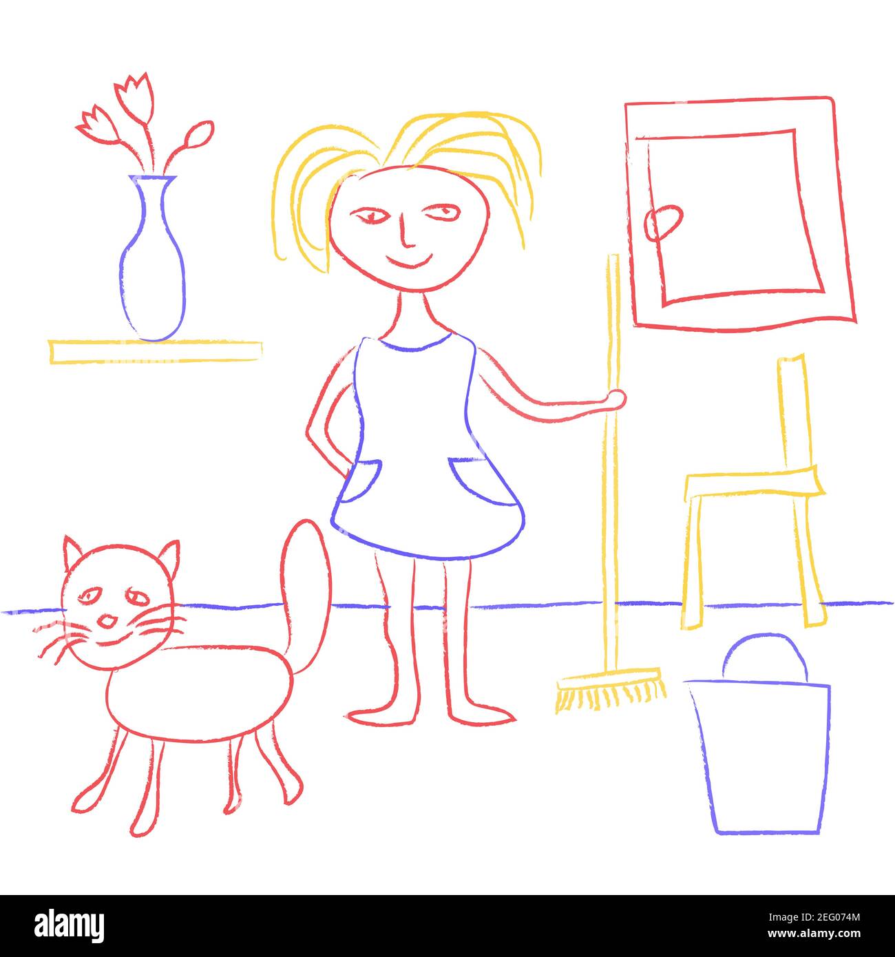 Disegno del bambino con i pastelli. Carino capretti doodle che raffigurano una ragazza e un gatto a casa. Cartoon ragazza o donna sta pulendo. Vettore EPS10. Illustrazione Vettoriale
