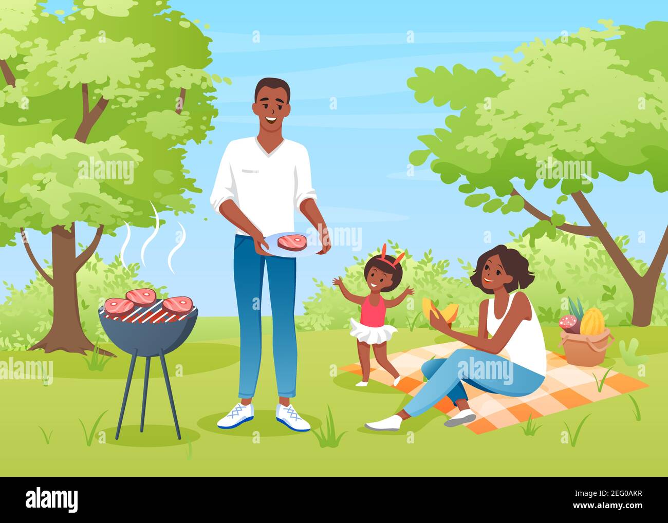 La gente felice della famiglia sul picnic del barbecue, i caratteri del padre e della ragazza della madre si divertono insieme Illustrazione Vettoriale