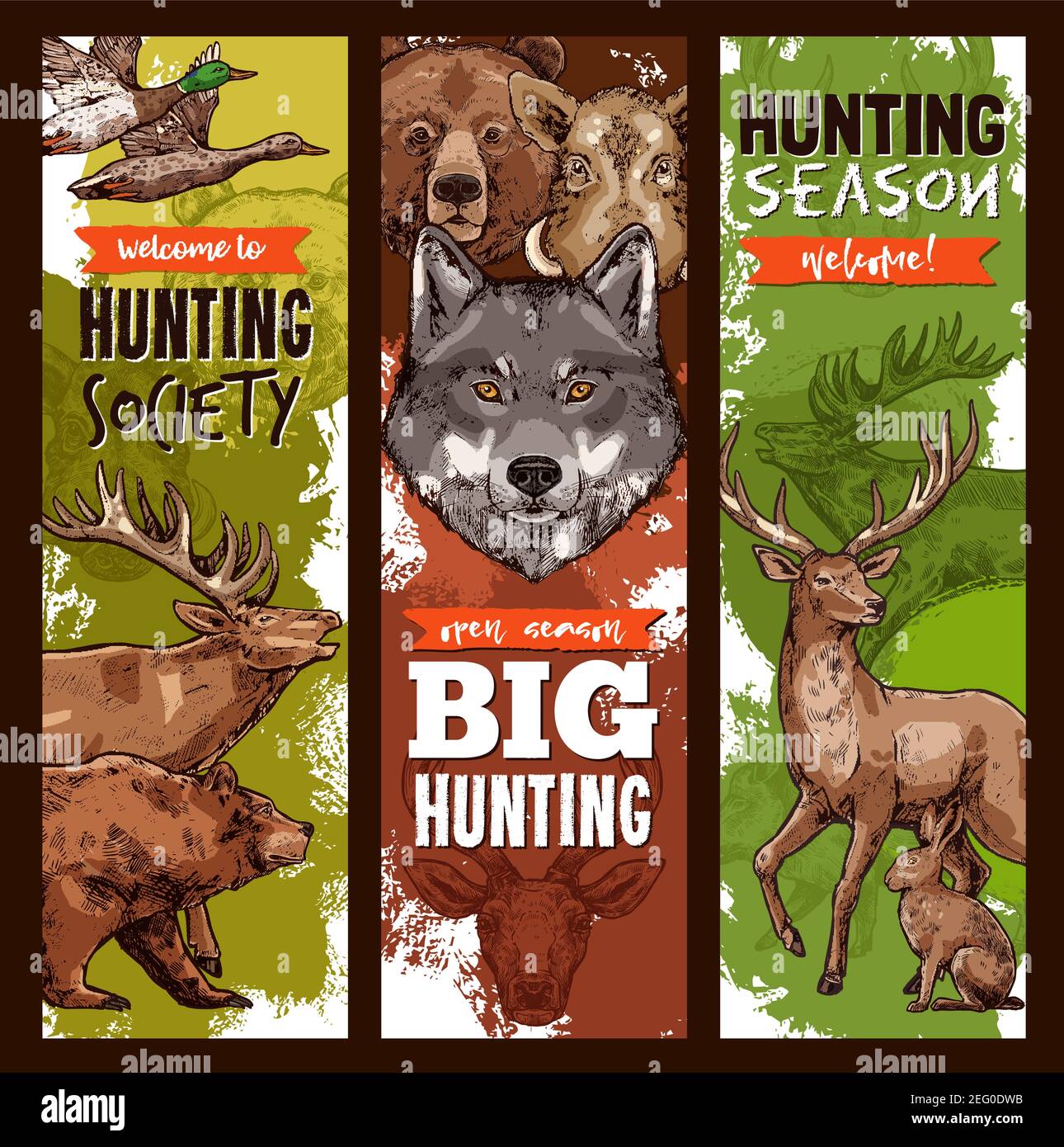 Banner sketch club di caccia per la stagione aperta di caccia. Disegno vettoriale di cacciatore preda animali selvatici foresta orso grizzly, lupo di montagna o scopati e cervo o el Illustrazione Vettoriale