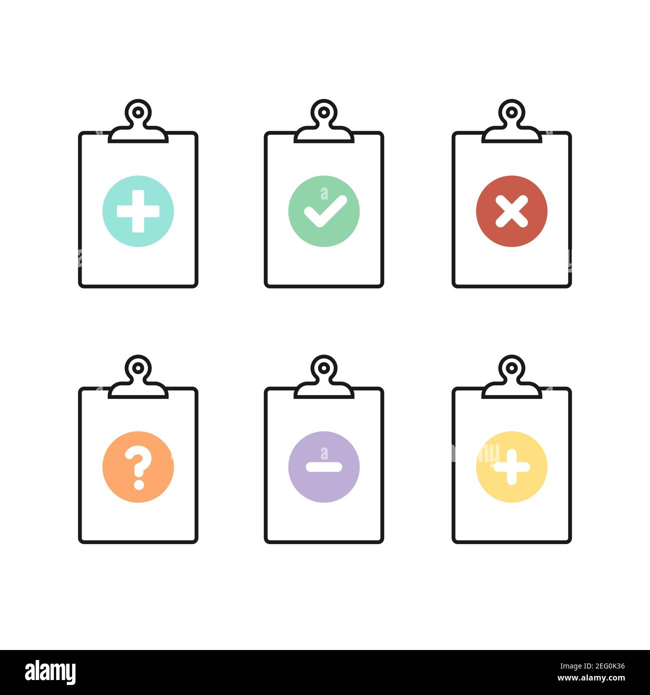 Insieme di icone degli Appunti. Segno di spunta. Elenco di controllo. Segno meno. Segno più. Punto interrogativo. Illustrazione vettoriale, design piatto Illustrazione Vettoriale