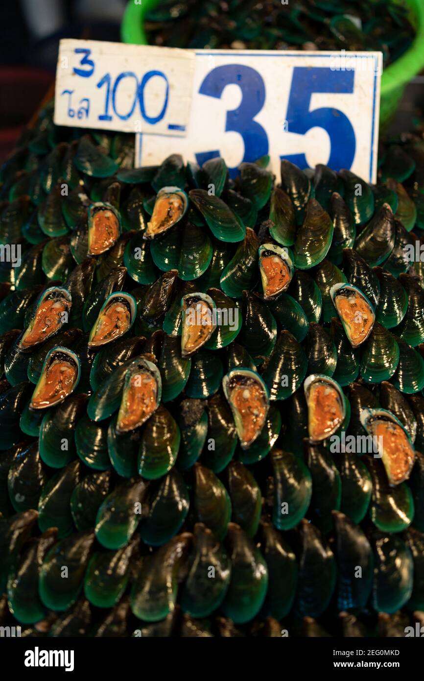 Pile di conchiglie verdi e vongole in vendita nel mercato alimentare a Pak Nam, Bangkok, Thailandia. Foto Stock