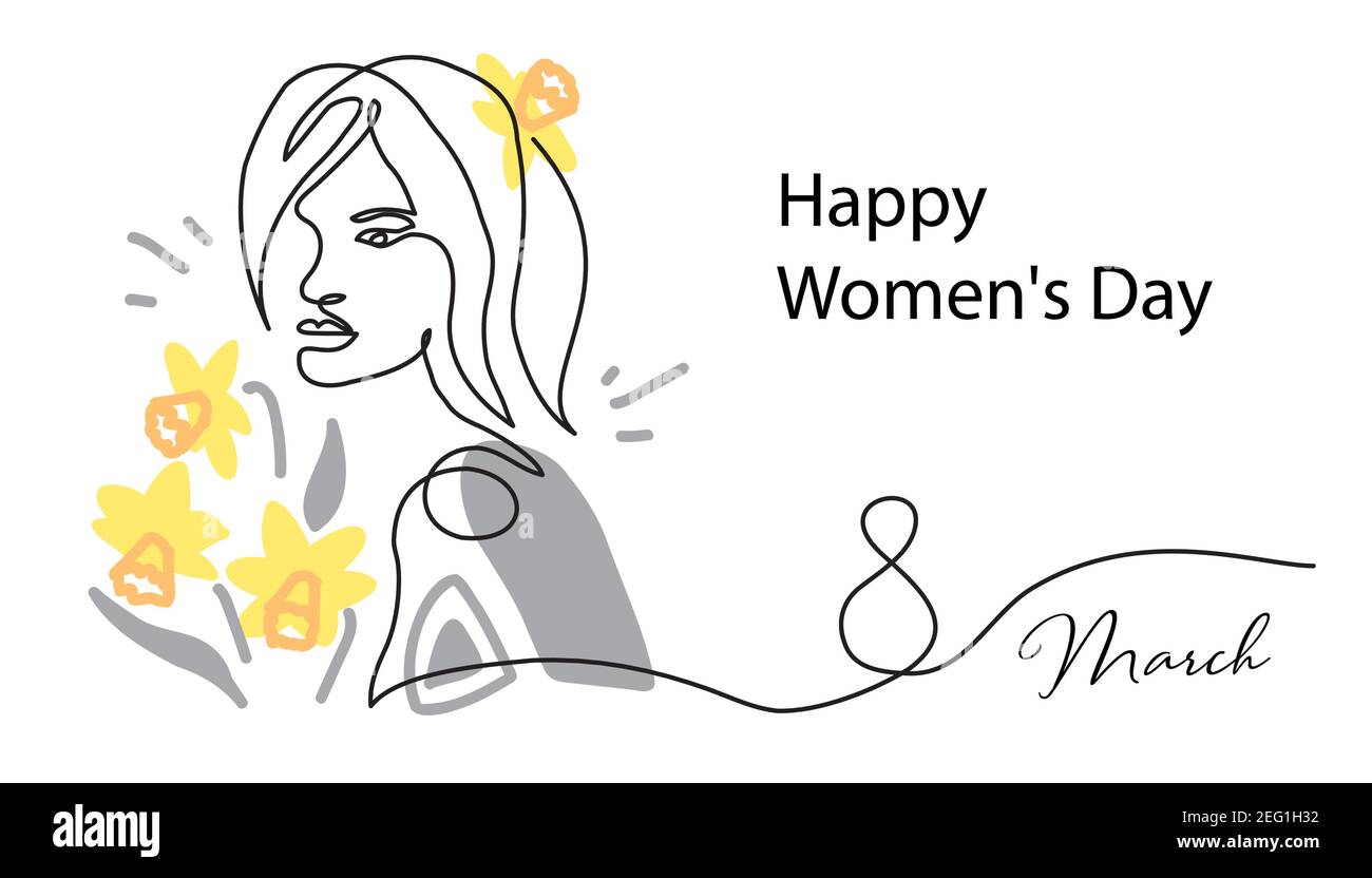 Carta Happy Womens Day. Marzo 8 banner vacanza con ragazza e narciso. Disegno a linea frontale, un ritratto a linea continua. Faccia surreale, vettore Illustrazione Vettoriale