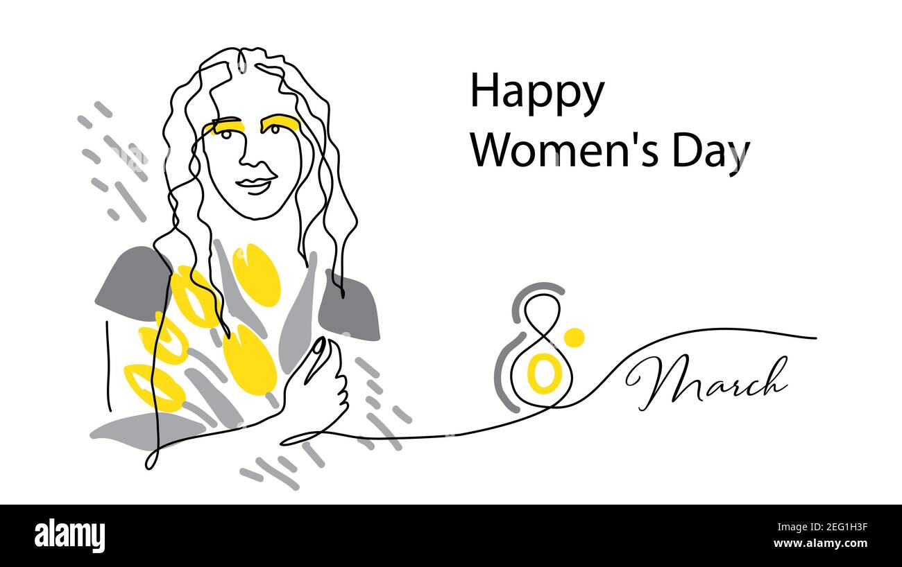 8 marzo saluto della madre, invito, scheda di congratulazioni. Disegno a linea frontale con tulipani, un ritratto a linea continua. Donna vettoriale lineart moderna Illustrazione Vettoriale