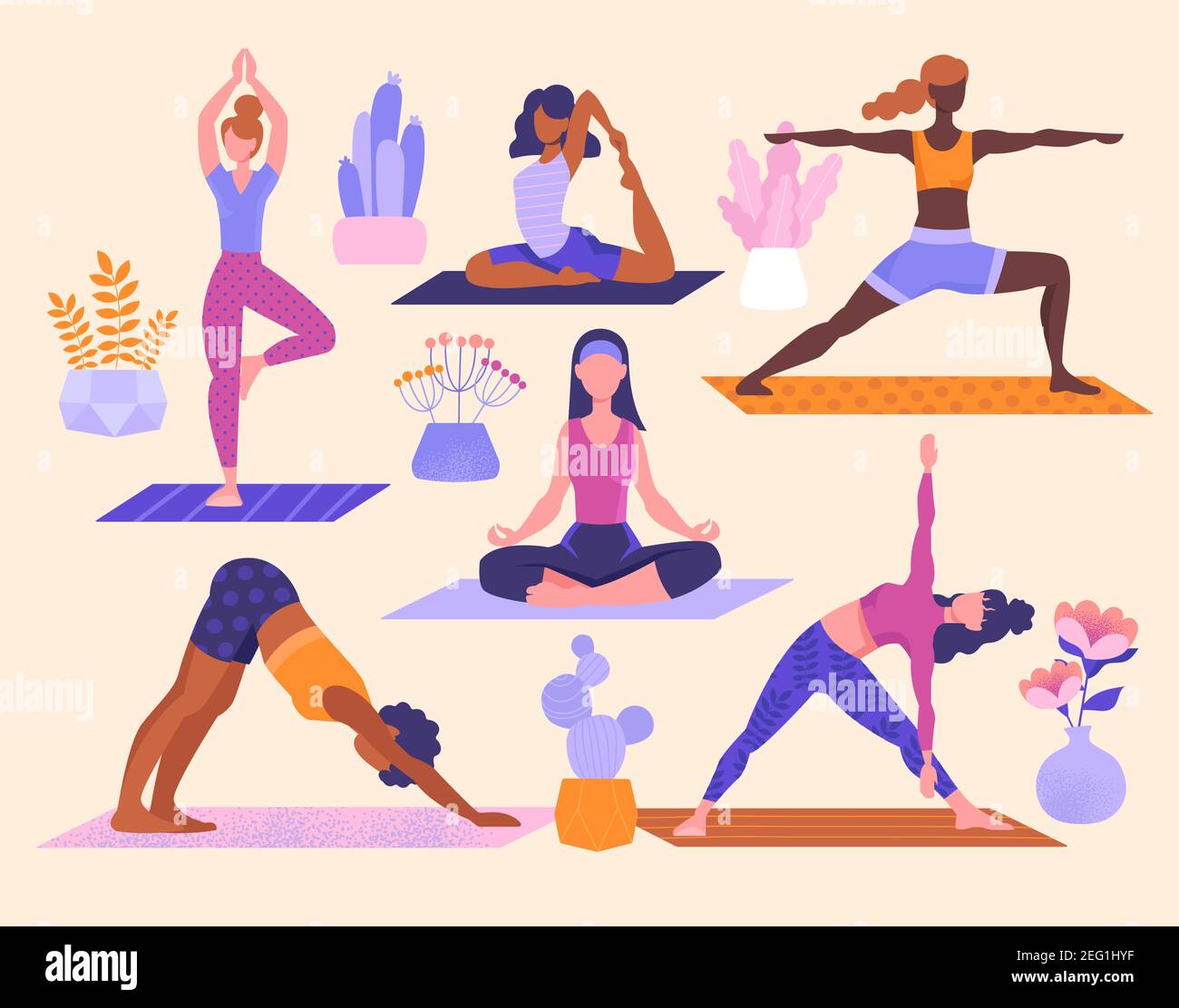 Ampia serie di donne che eseguono pose di yoga assortite Illustrazione Vettoriale