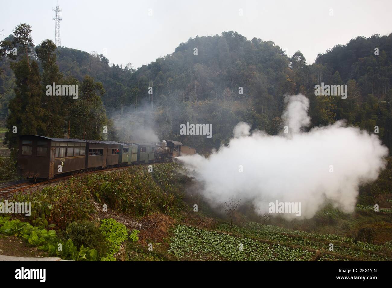 I servizi di trasporto passeggeri sulla linea sono ancora trasportati a vapore. Visto qui in partenza Caiziba Foto Stock