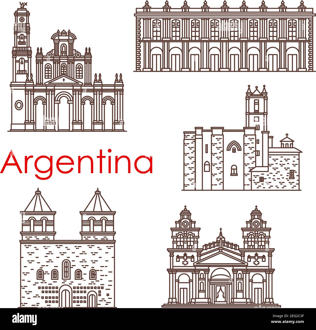 Argentina famoso edificio marchio di terra e icone di architettura facciata linea. Insieme vettoriale di chiese argentine e cattedrali di Buenos Aires francescano m. Illustrazione Vettoriale