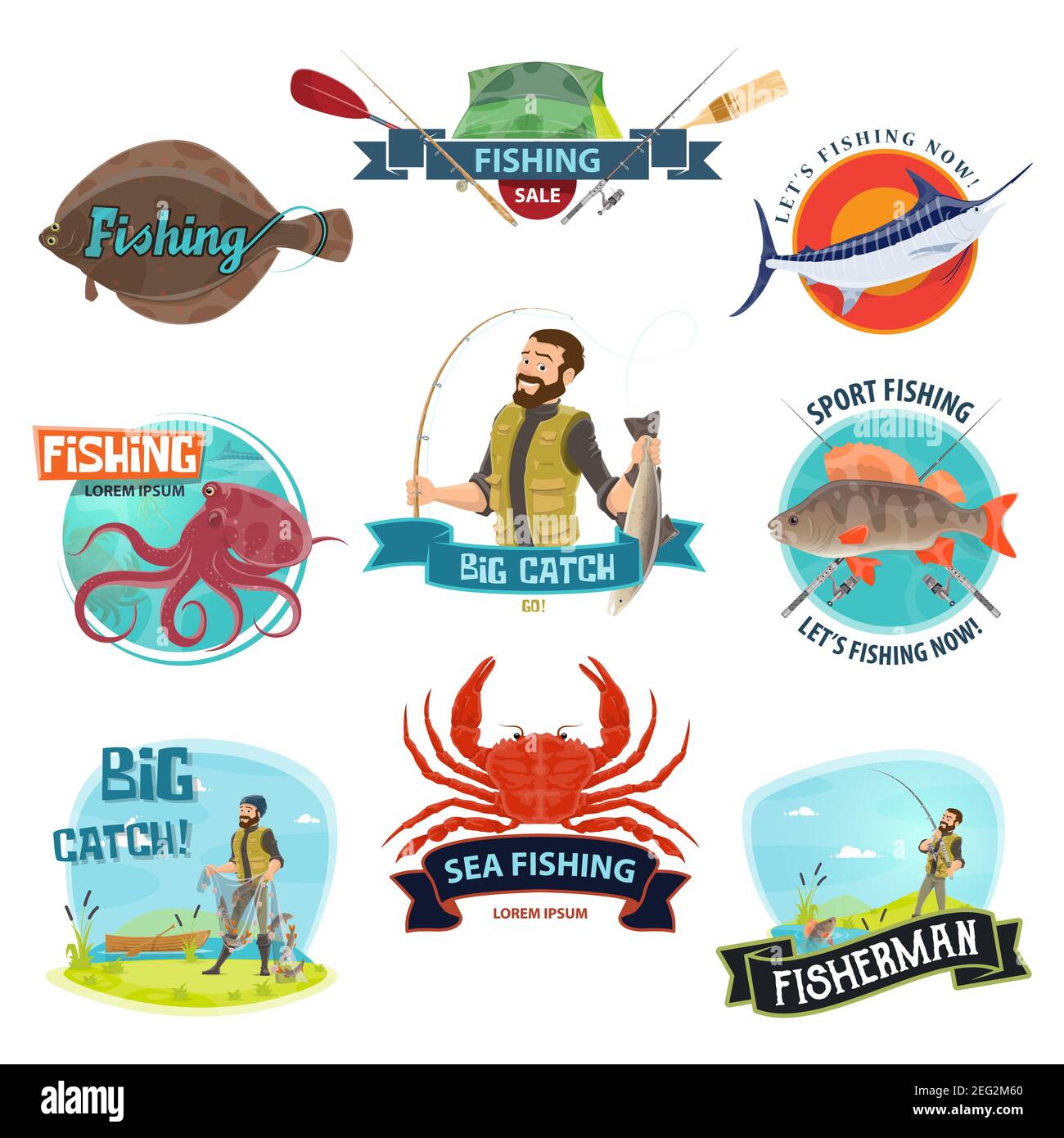Modelli di icone di pesca per il negozio di pescatori o fisher Store vendita. Vettore simboli isolati di pesce e frutti di mare o pesca verga e appiccicce, esche w Illustrazione Vettoriale