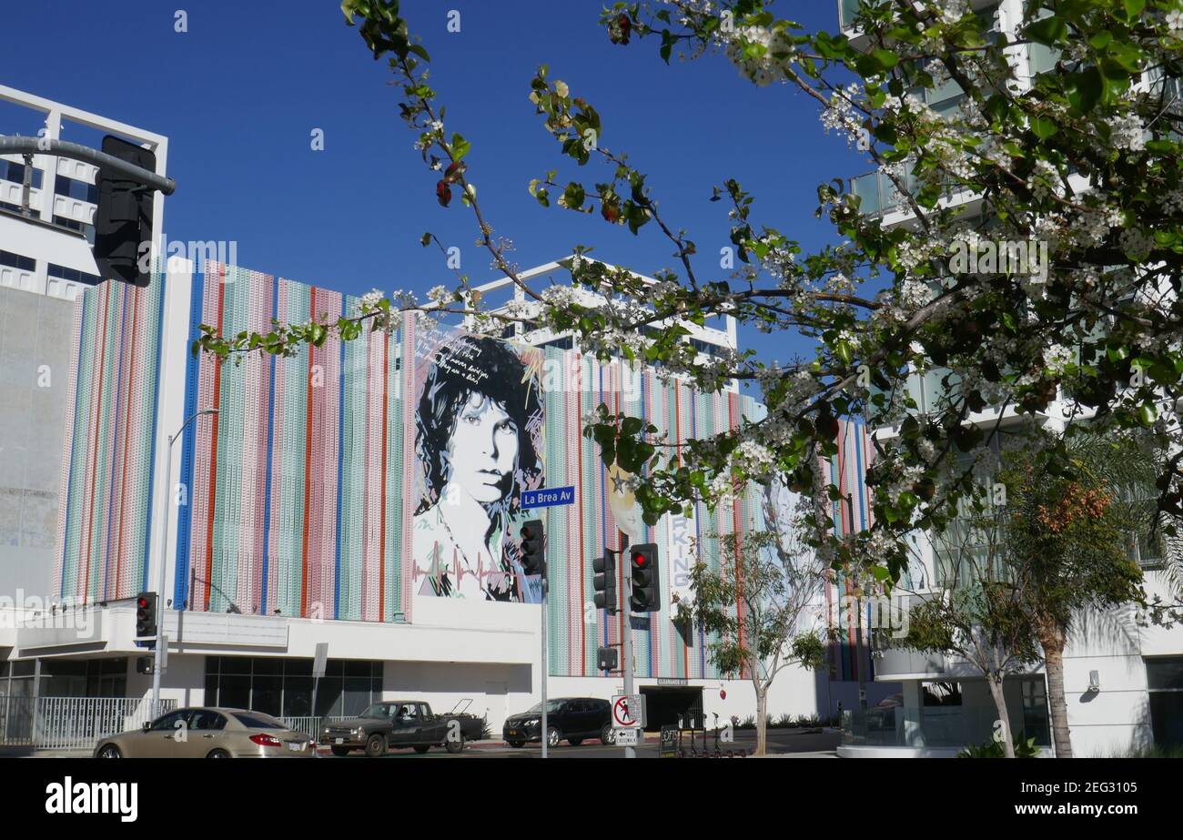 Hollywood, California, USA 17 febbraio 2021 UNA visione generale di Jim Morrison della Doors Mural Street Art il 17 febbraio 2021 a Hollywood, California, USA. Foto di Barry King/Alamy Stock foto Foto Stock