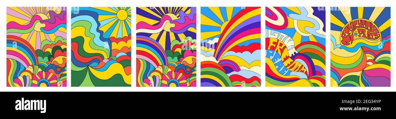Set di 6 paesaggi psichedelici dai colori vivaci Illustrazione Vettoriale
