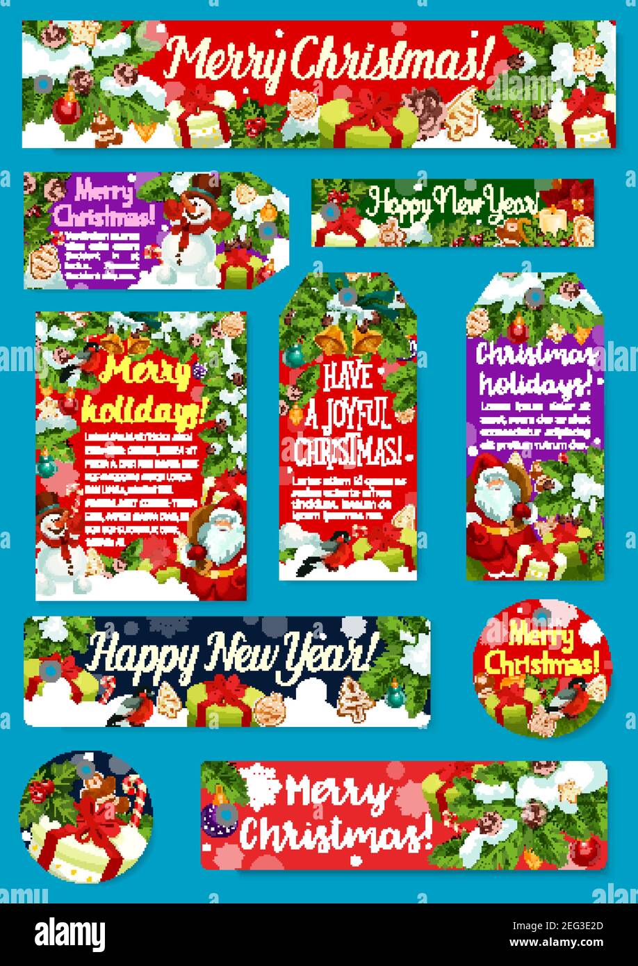 Tag regalo Natale e Capodanno. Santa e pupazzo di neve con regali, albero di Natale e corona di agrifoglio, campana, palla e caramella, fiocco di neve, biscotti e costolette Illustrazione Vettoriale