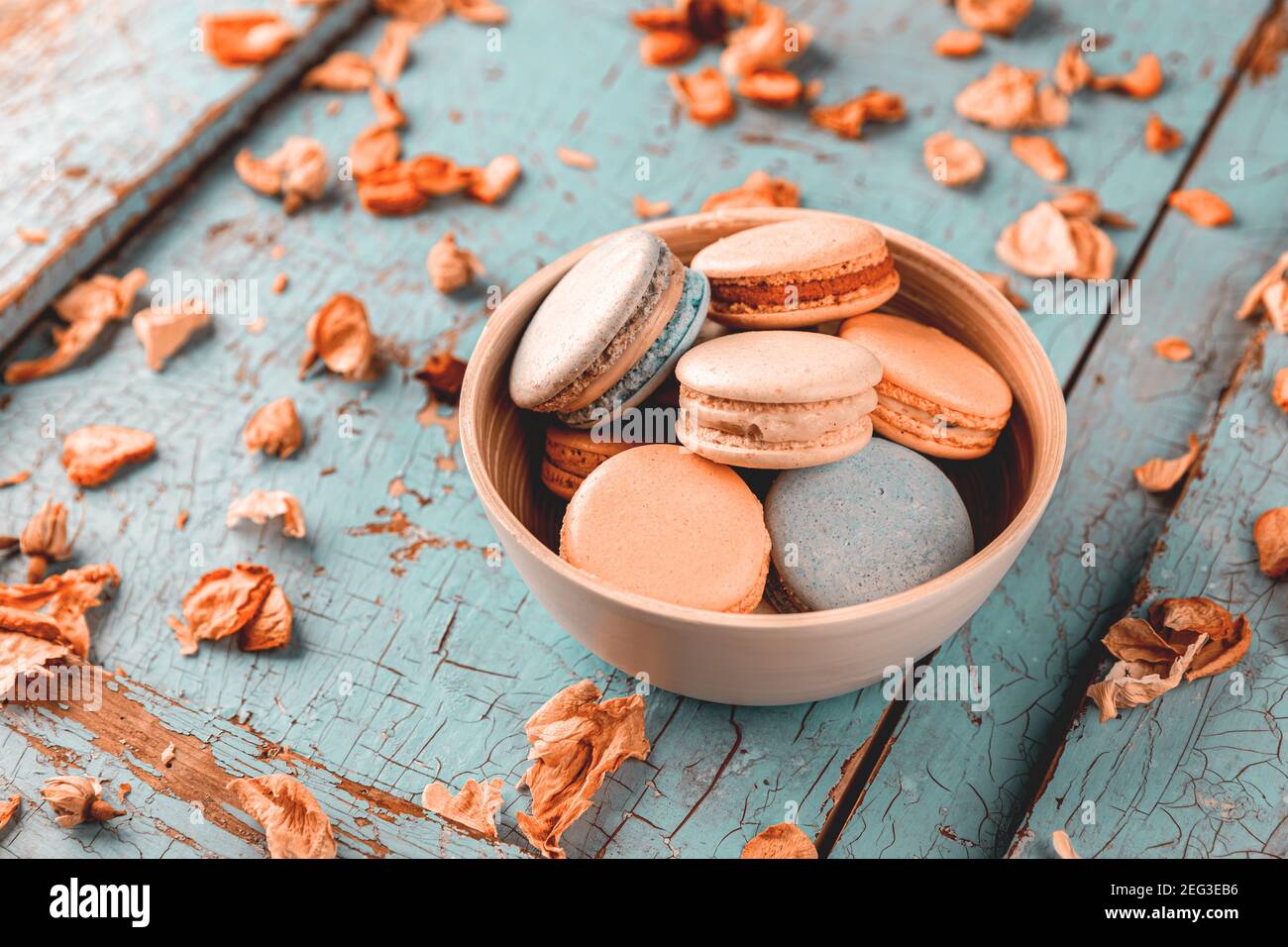 Macaroon francesi di colore pastello, elegante dessert da caffetteria parigino Foto Stock