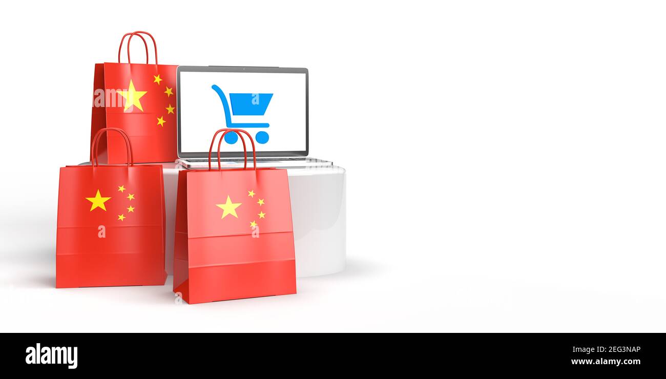 Global eCommerce, online trade and consumate Concept: Tre borse in 3D con bandiera cinese in piedi intorno a un podio con un laptop con borsa per la spesa Foto Stock