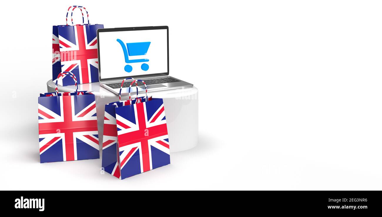 Global eCommerce, online trade and consumate Concept: Tre borse in 3D con bandiera britannica in piedi intorno a un podio con un laptop con borsa per la spesa Foto Stock
