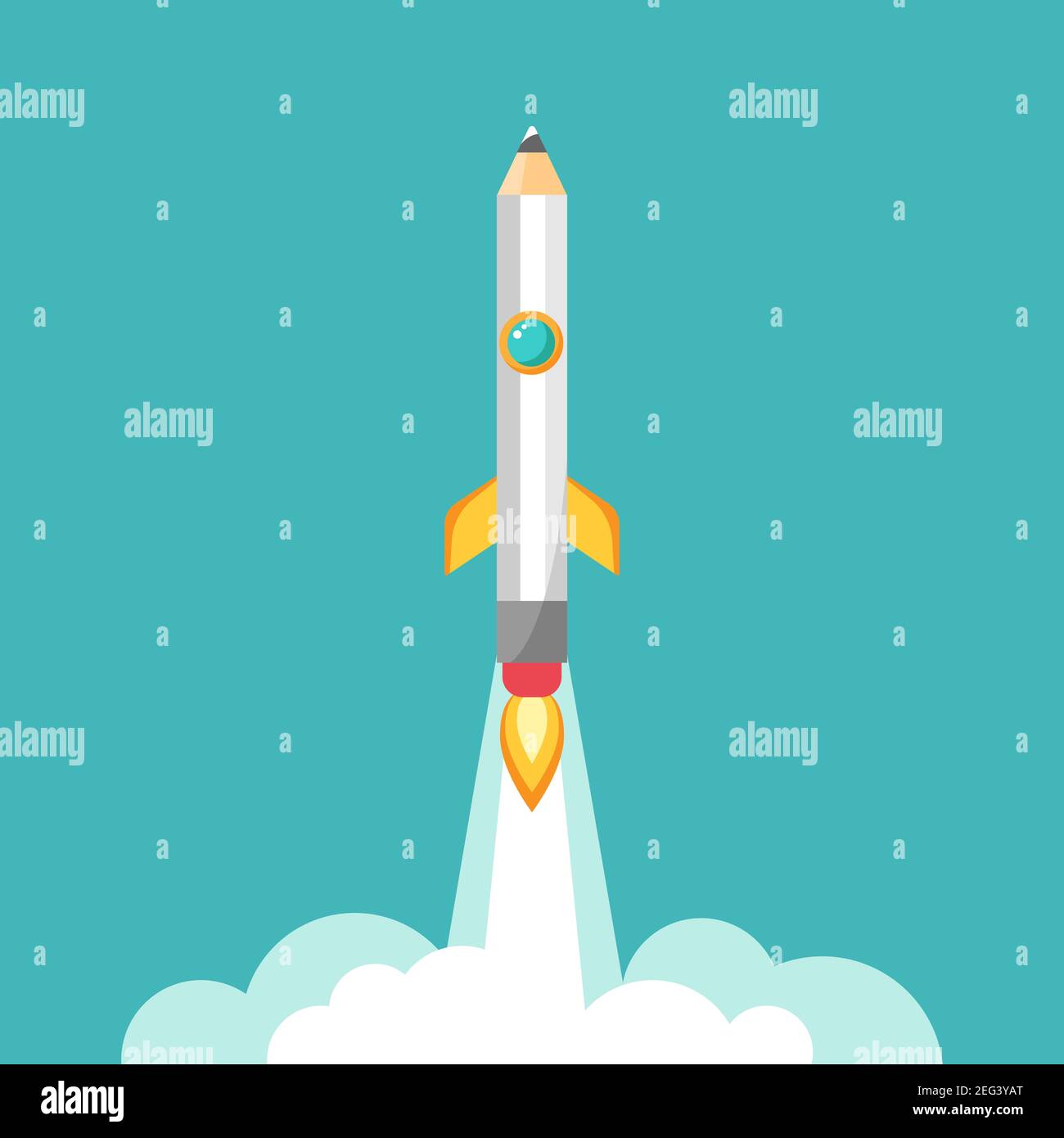 nave a razzo a matita con fuoco. Isolato su blu polvere. Fantasia flat vettore illustrazione con matita volante. Creatività, immaginazione, idee orizzontali Illustrazione Vettoriale