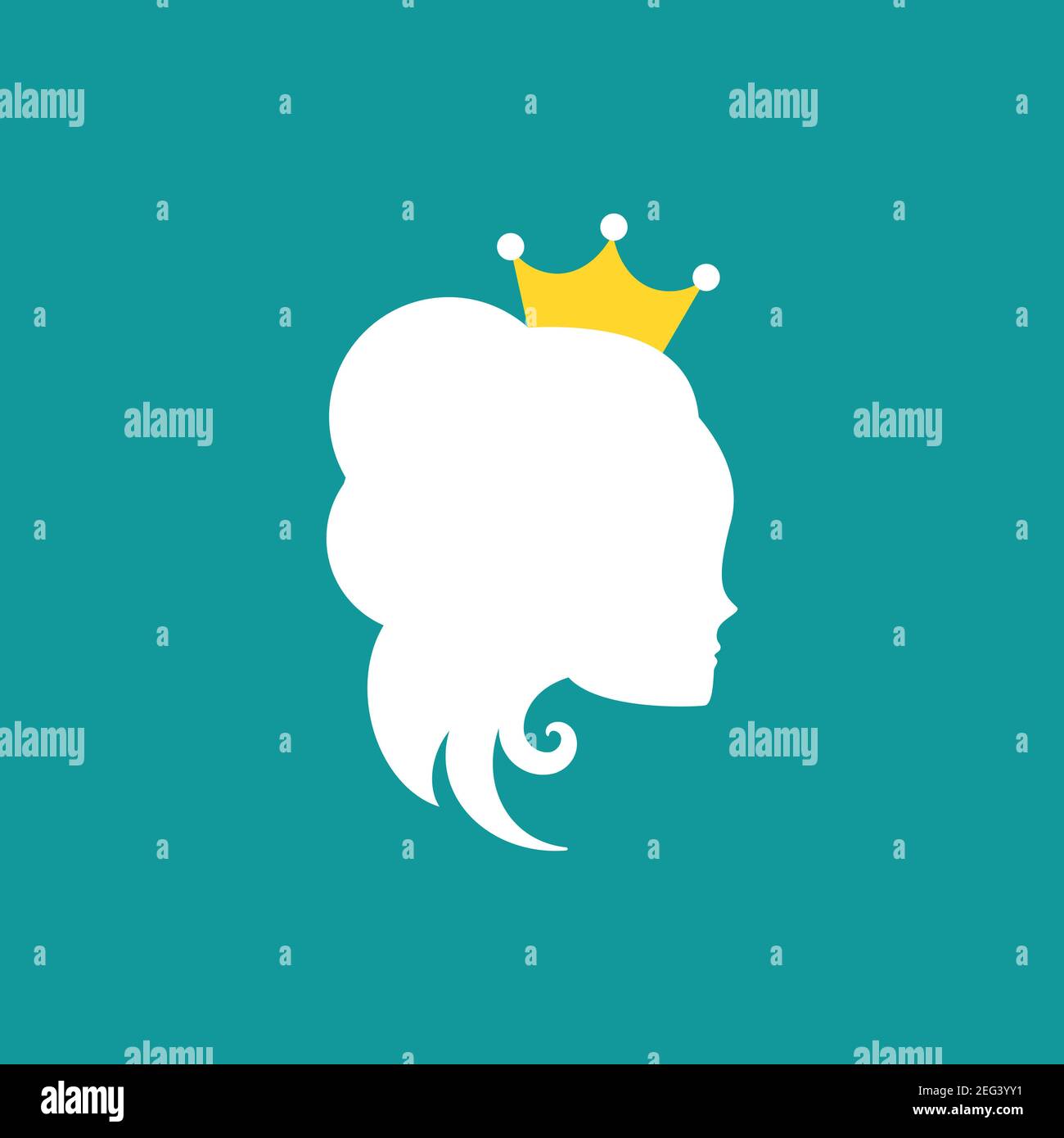 Bella principessa con corona. Silhouette elegante da donna con un'acconciatura elegante. Faccia femmina nel profilo. Logo magico fiabesco. Illustrazione Vettoriale