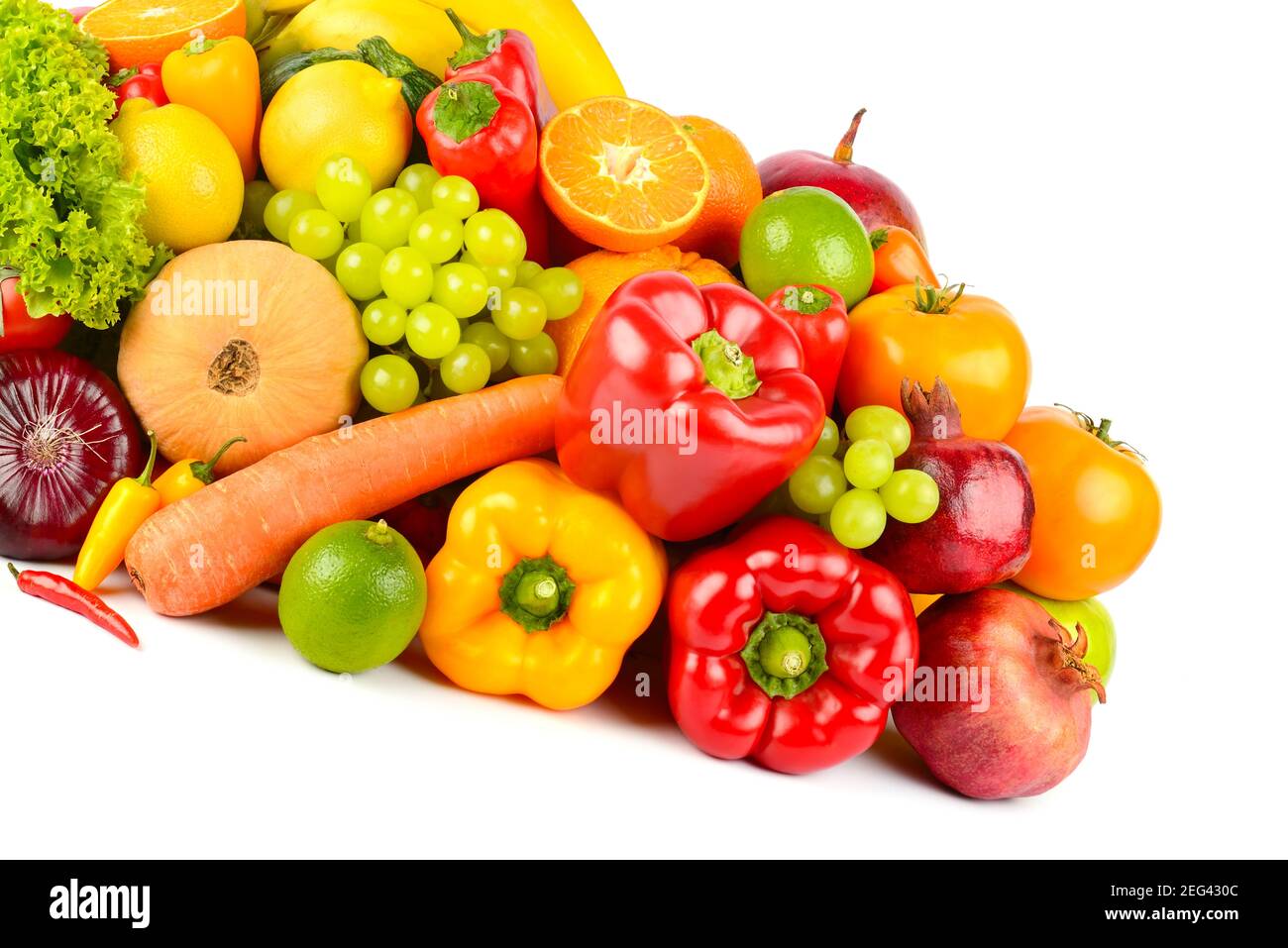Grande collezione deliziosa frutta e verdura isolata su sfondo bianco. Foto Stock